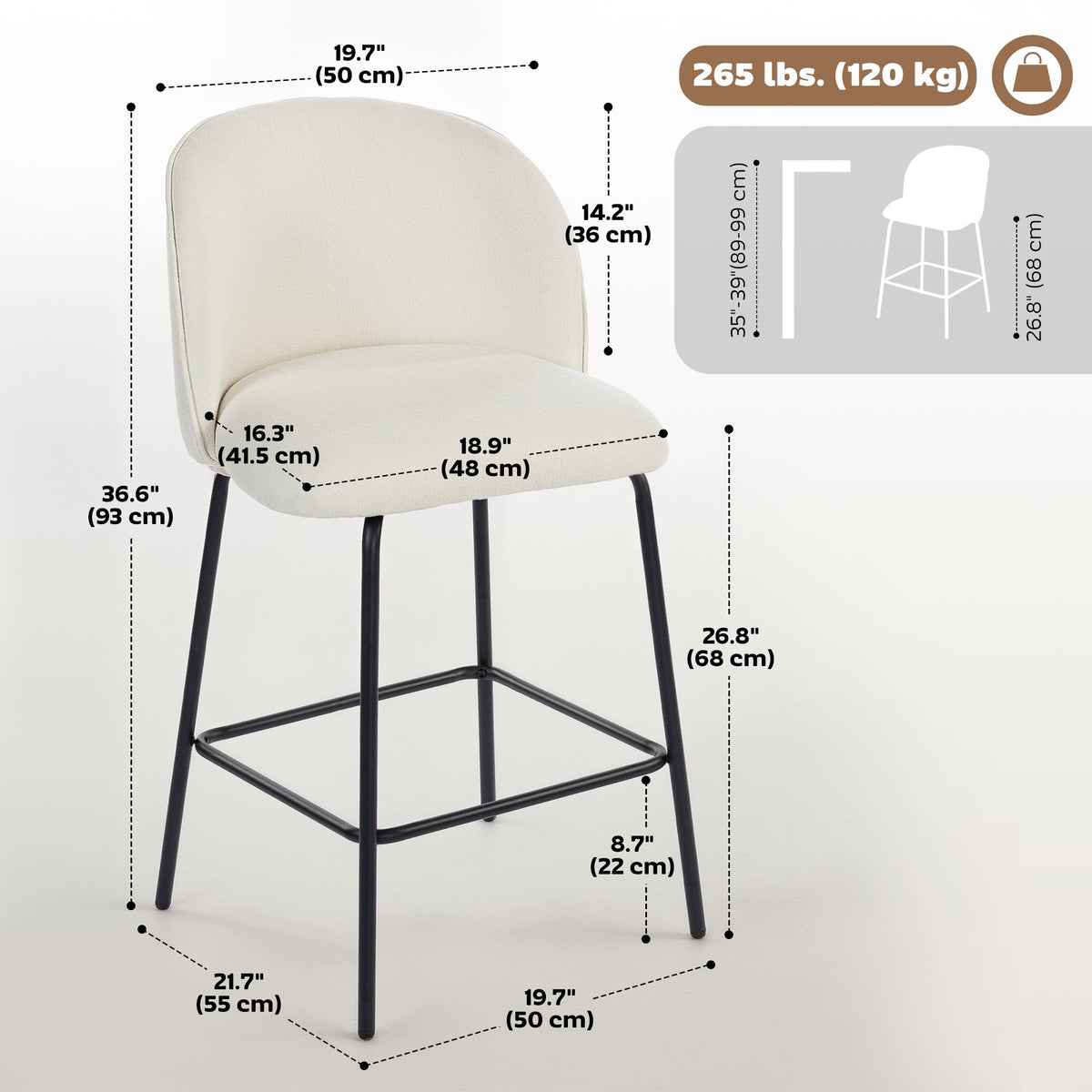 Set of 2 Counter Height Barstools, Upholstered Linen Bar Stools with Backrest, Footrest and Steel Legs, Dark Grey