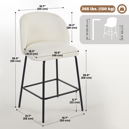 Set of 2 Counter Height Barstools, Upholstered Linen Bar Stools with Backrest, Footrest and Steel Legs, Dark Grey