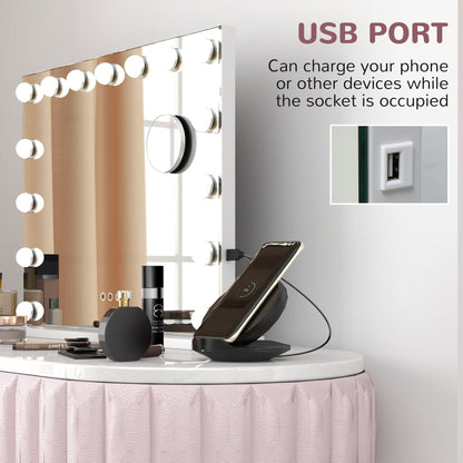 Hollywood Makeup Mirror with Lights, 3 Lighting Modes, USB Charging Port, Tabletop or Wall Mounted, White