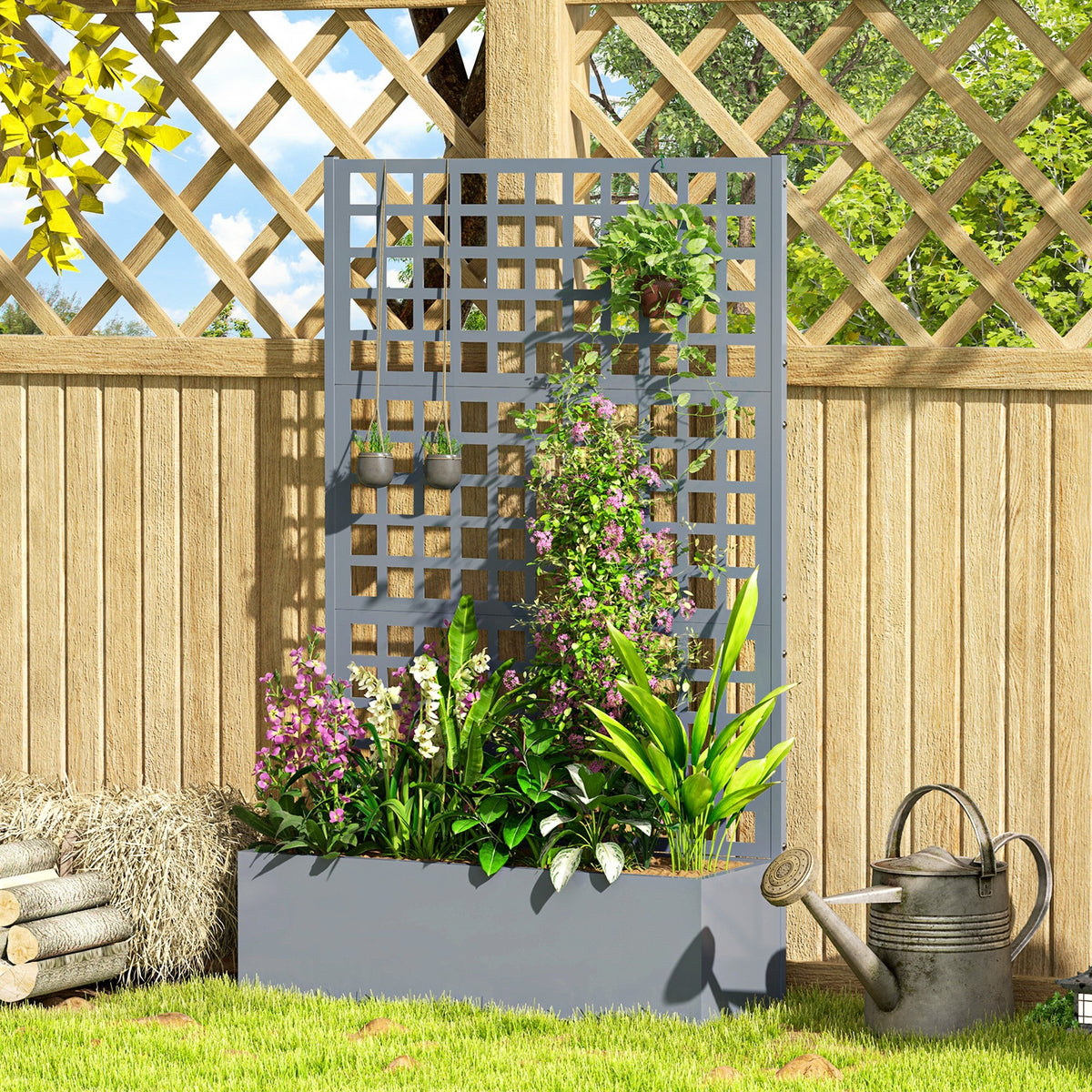 Galvanized Raised Garden Bed Planter Box with Trellis for Climbing Plants, Vegetable, Vines, 35" x 16" x 70", Black