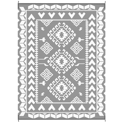 9' x 12' Outdoor RV Rug, Reversible Patio Floor Mat with Carry Bag, Rhombus Patchwork, Grey and White