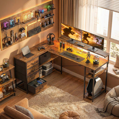 Gaming Desk with Power Outlets LED Lights Computer Desk with Drawers Monitor Stand 61" Black