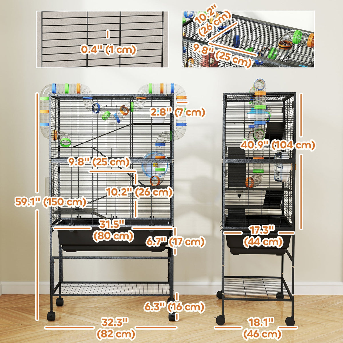 3 Tier Rolling Hamster Cage with 7" Deep Tray, Storage Shelf, Big Exercise Wheel, Tube System, for Syrian, Gerbil, Rat