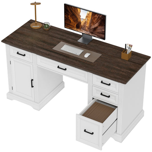 58" Home Office Desk with Soft-Close Drawers, Farmhouse Executive Desk with File Drawer for Letter Size, White