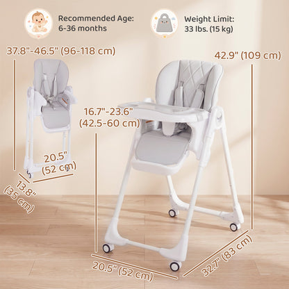 High Chair with Wheels, Double Tray, Foldable Baby Seat with Adjustable Seat Height, Backrest, Footrest and Tray, Grey