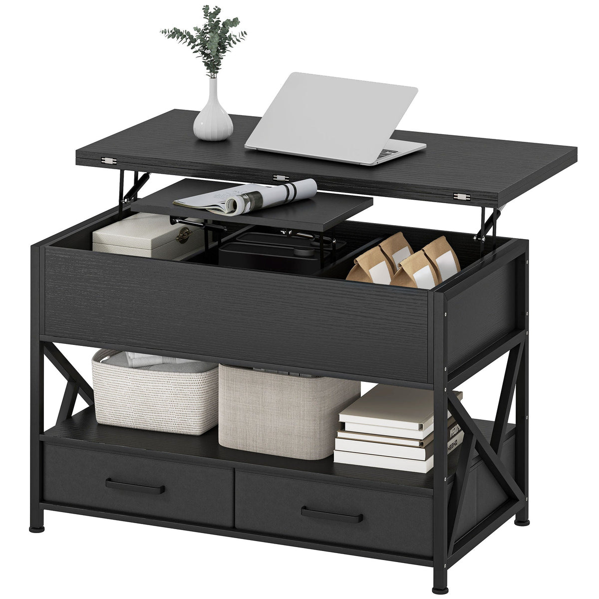 Modern Coffee Table, Lift Top Center Table with Fabric Drawers and Hidden Storage for Living Room, Distressed Black
