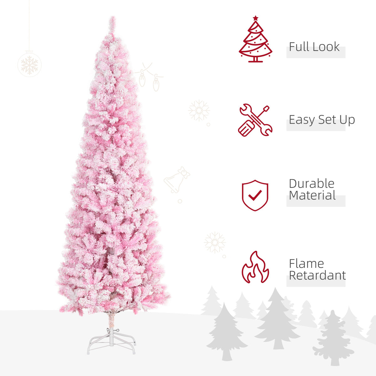 5 FT Snow Flocked Artificial Christmas Tree, Pencil Xmas Tree with Realistic Branches, Auto Open and Steel Base, Pink