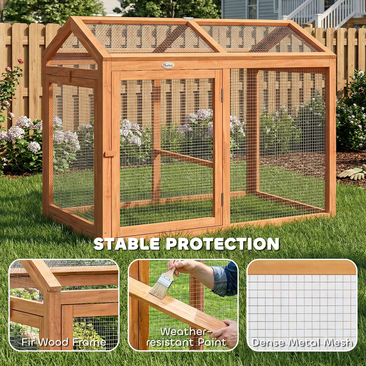 Wooden Chicken Run, Outdoor Chicken Coop with Perch and Dual Doors, Combinable Hen House Rabbit Hutch for Backyard
