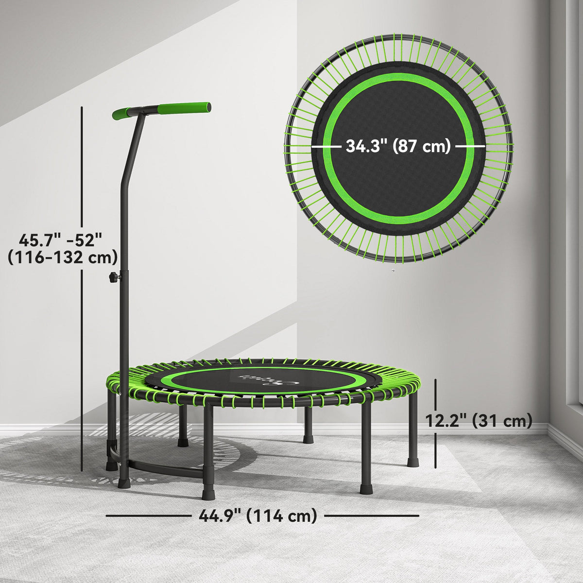 45" Rebounder Trampoline for Adults, Mini Fitness Trampoline Bungee Rebounder with 5-Level Adjustable Handle