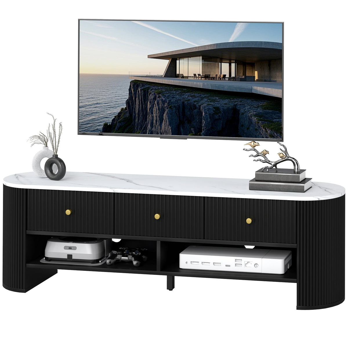 TV Stand, Modern TV Table with Marble-Effect Top, 3 Drawers and 2 Open Shelves for 32-65 Inch Television, Natural
