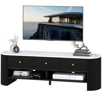 TV Stand, Modern TV Table with Marble-Effect Top, 3 Drawers and 2 Open Shelves for 32-65 Inch Television, Natural