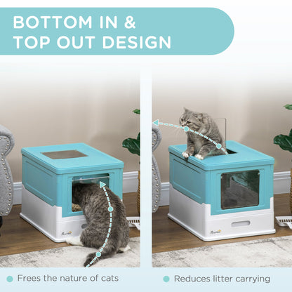 Top Entry Enclosed Kitty Litter Box with Scoop, Tray, Front Entry, Large Space, Foldable, Portable, Grey