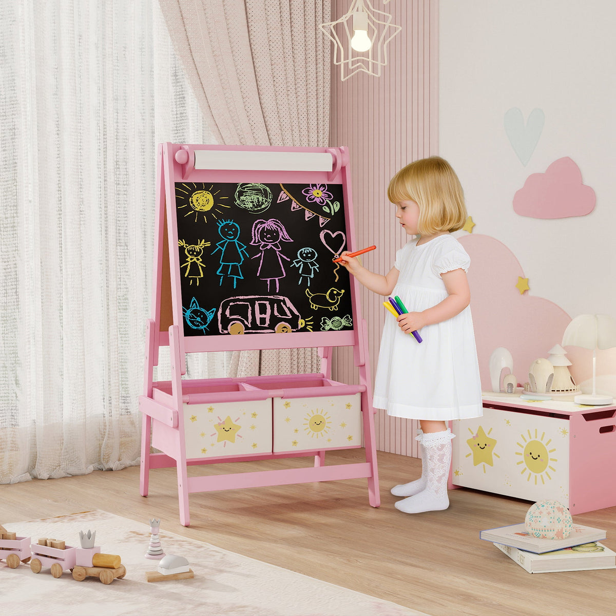Art Easel for Kids, Double-Sided Whiteboard & Chalkboard with Paper Roll, 2 Storage Boxes, Gift for Boys, Girls, Green