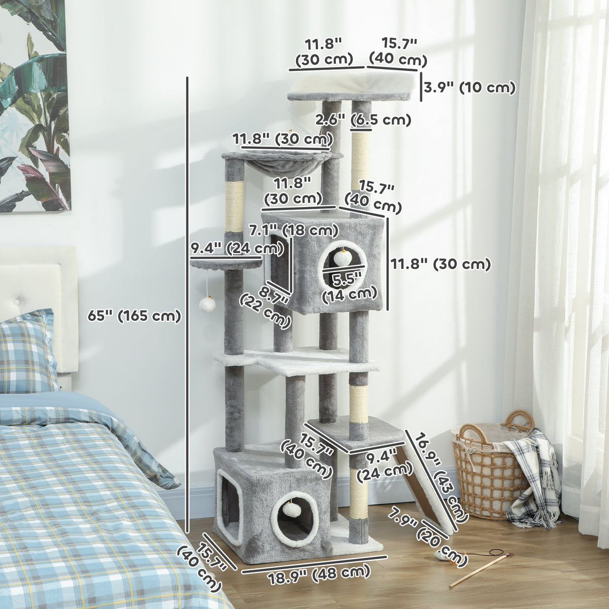 65 Inch Cat Tree with 2 Doors Condos, Plush Top Perch, Hammock, Sisal Scratching Posts, 4 Pompoms, Ramp, Grey