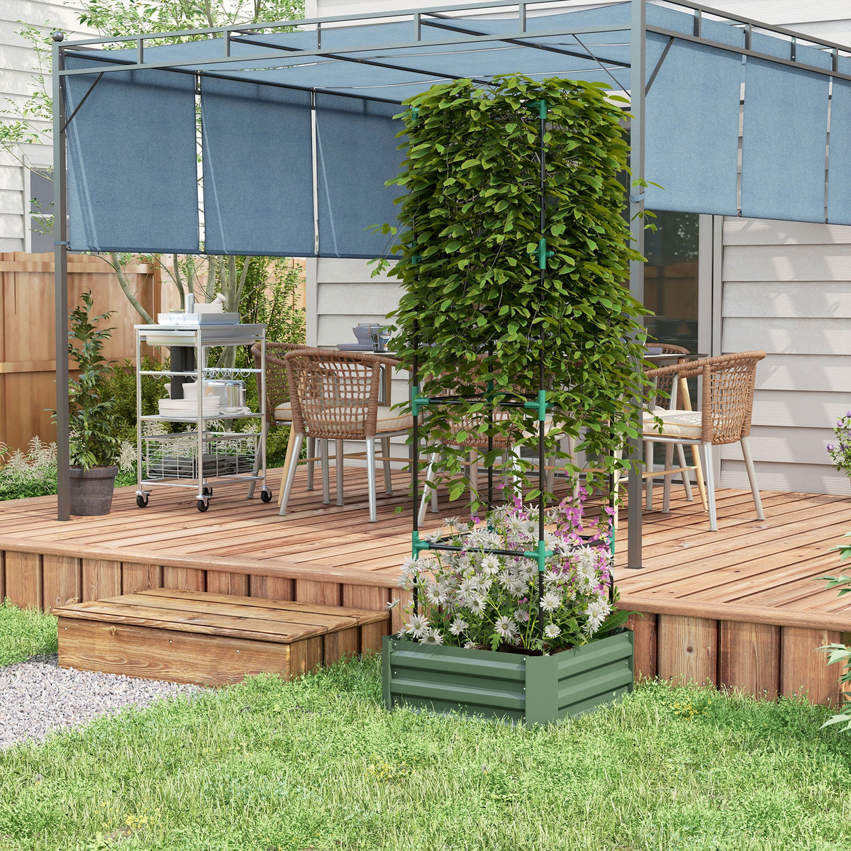 Galvanized Planter Box, Outdoor Raised Garden Bed with 3-Tier Trellis Tomato Cage for Climbing Vines, Vegetables, Brown