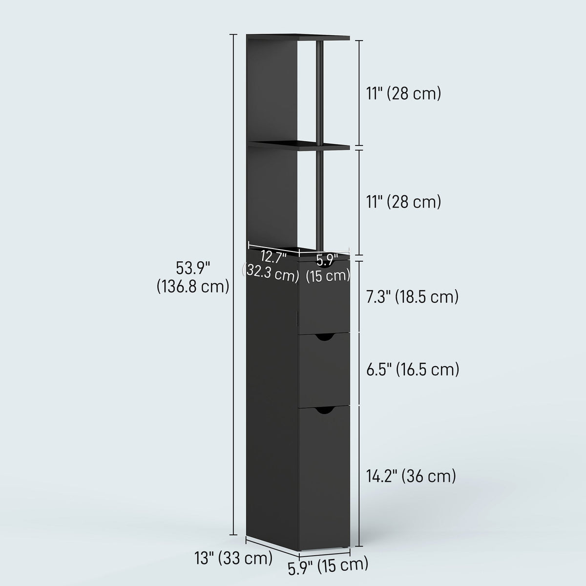 Tall Bathroom Storage Cabinet, Narrow Bathroom Cabinet with Drawers and Open Shelves for Small Spaces, White and Grey