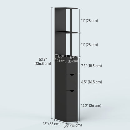 Tall Bathroom Storage Cabinet, Narrow Bathroom Cabinet with Drawers and Open Shelves for Small Spaces, White and Grey