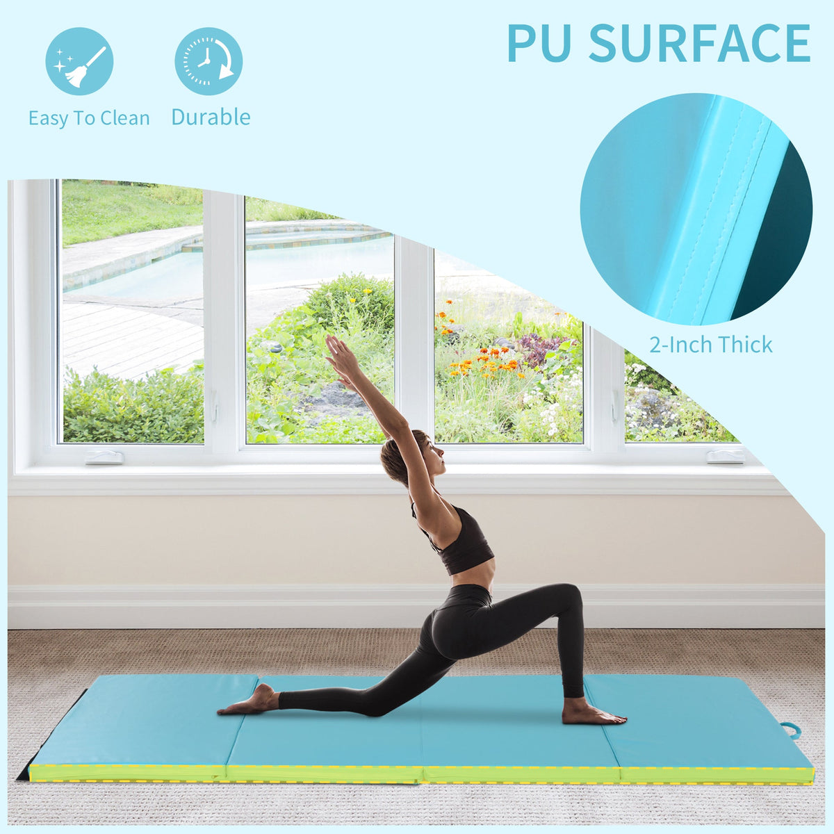 4'x8'x2" Folding Gymnastics Tumbling Mat, Exercise Mat with Carrying Handles for Yoga, MMA, Martial Arts, Stretching, Core Workouts, Light Blue