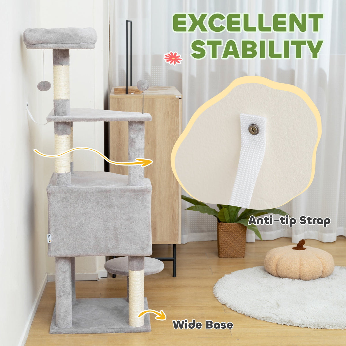 54 Inch Cat Tree with Large Condo, Top Perch, Sisal Scratching Posts, Dangling Toy Ball,Light Grey