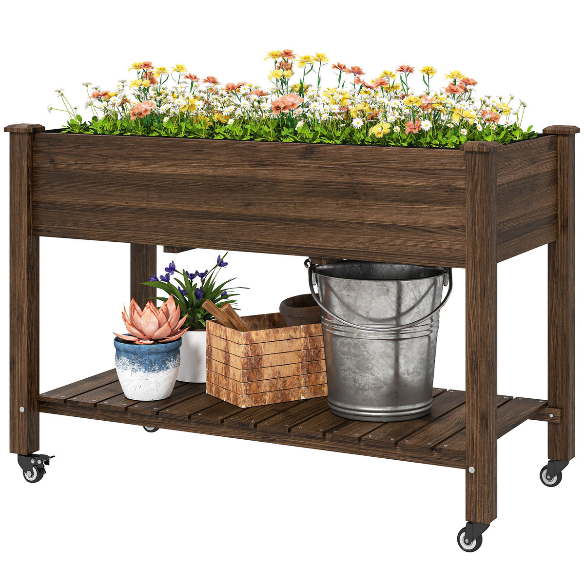 Mobile Raised Garden Bed Elevated Wood Planter Box with Lockable Wheels, Storage Shelf for Herbs Vegetables, Natural