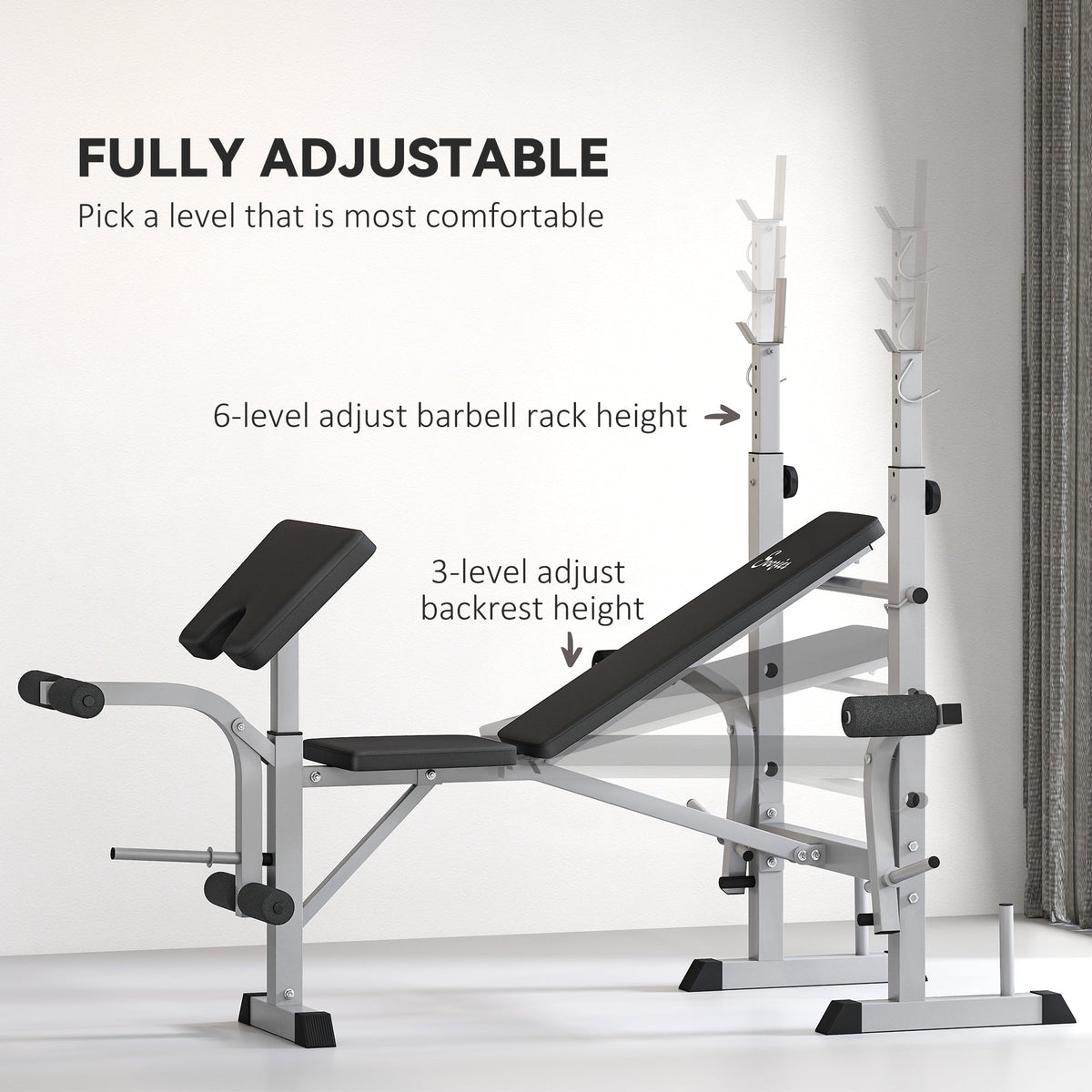 Bench Press Set Adjustable Weight Bench with Squat Rack, Preacher Curl Pad, Leg Developer and Weight Storage, White