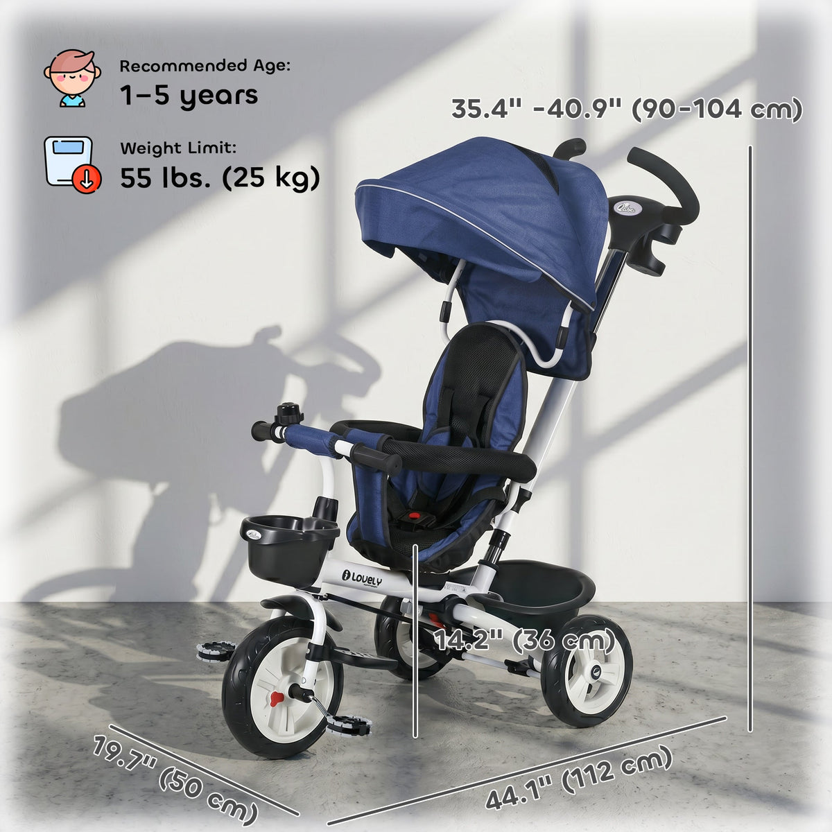 6 in 1 Toddler Tricycle with Parent Push Handle, Canopy, Storage Baskets, Cupholder, Dark Blue