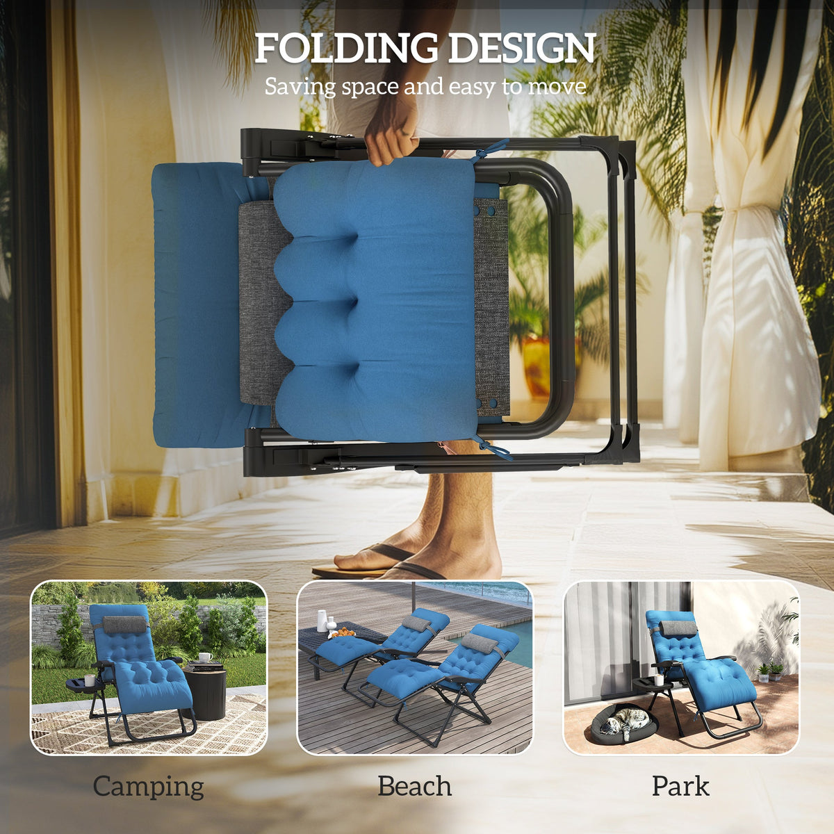 Padded Folding Recliner Chair, Patio Lounger with Cupholder, Adjustable Backrest, Removable Cushion, Black