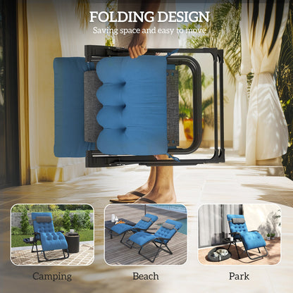 Padded Folding Recliner Chair, Patio Lounger with Cupholder, Adjustable Backrest, Removable Cushion, Black