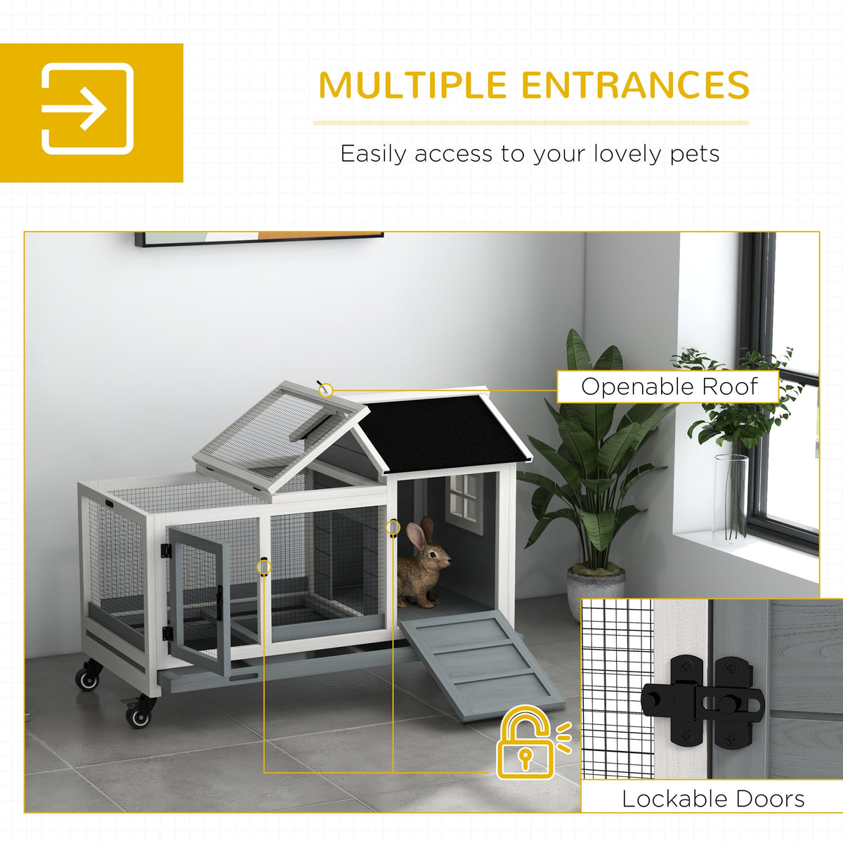Rabbit Cage with Wheels, Ramp, Run, Tray for Indoor Outdoor, Suitable for Rabbit, Guinea Pig, Coffee