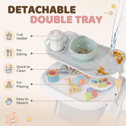 High Chair with Wheels, Double Tray, Foldable Baby Seat with Adjustable Seat Height, Backrest, Footrest and Tray, Grey