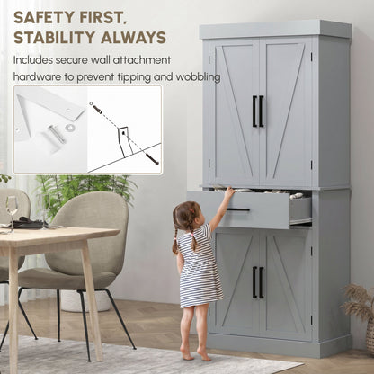 72" Kitchen Storage Cabinet, Farmhouse Kitchen Pantry Cabinet with 4 Barn Doors, Drawer, Adjustable Shelves, Black