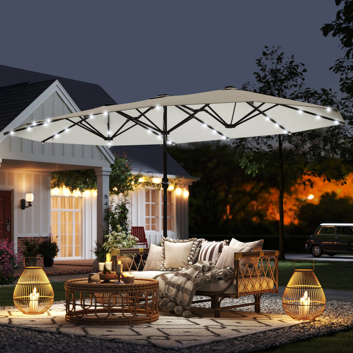 174" Double-Sided Sun Umbrella Garden Parasol Patio Sun Shade Outdoor with LED Solar Light, Khaki
