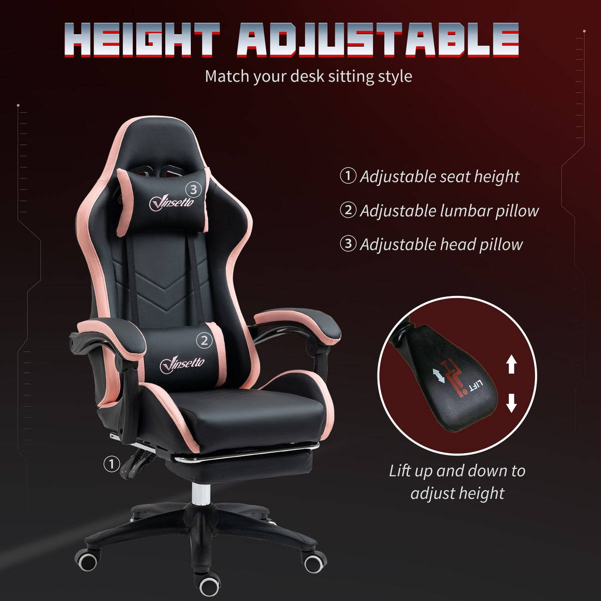 Computer Gaming Chair, PU Leather Office Desk Chair with Footrest, Swivel Wheels, 135° Reclining Back, Black