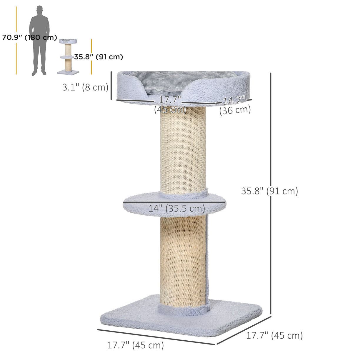 Cat Tree Kitty Tower with Sisal Mat Scratching Post, Cat Bed, Cushion, Perch, 18" x 18" x 36", Brown