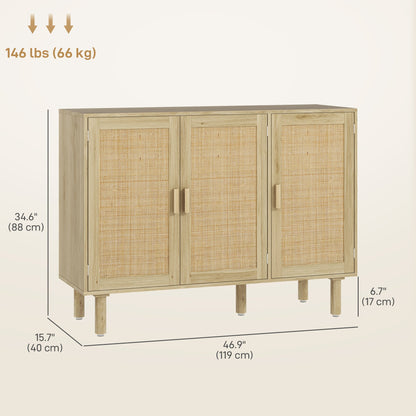 Quinn Bohemian 46.9" Hallway Cabinet/Sideboard with 3 Rattan Doors-Oak