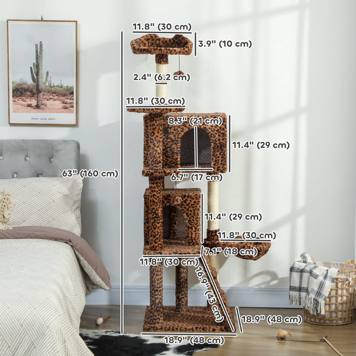 63 Inch Cat Tree with Sisal Scratching Posts, Condos, Plush Perches, Hammock, Ladder, Dangling Balls, Beige