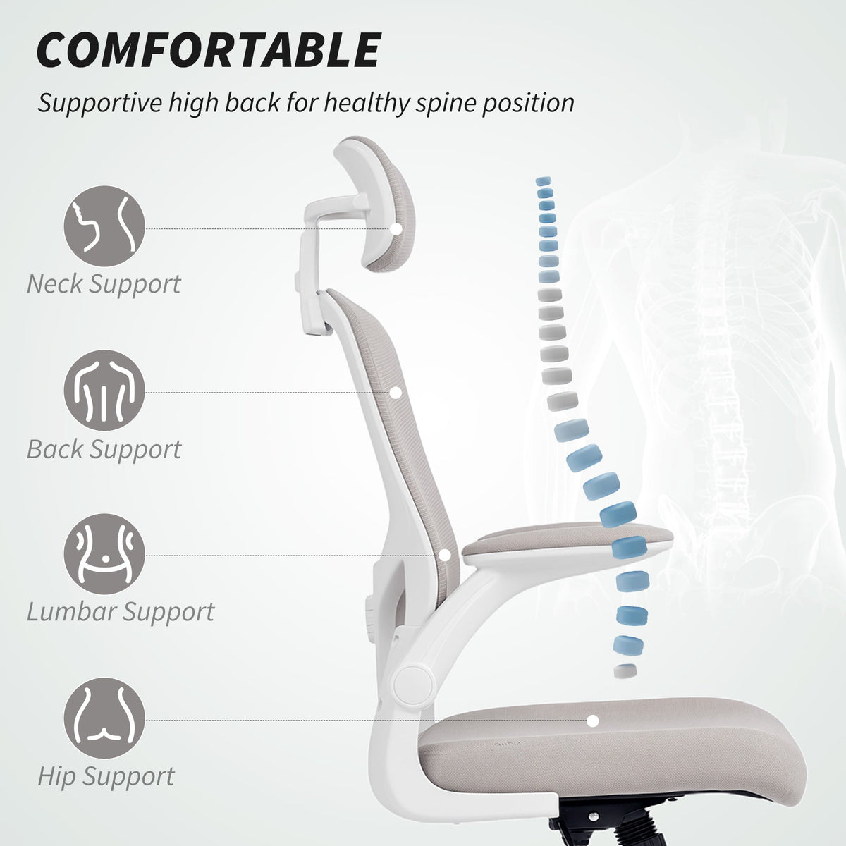 Ergonomic Office Chair, Mesh Desk Chair with Adjustable Headrest, Lumbar Support and Height, Flip-Up Armrests, Black