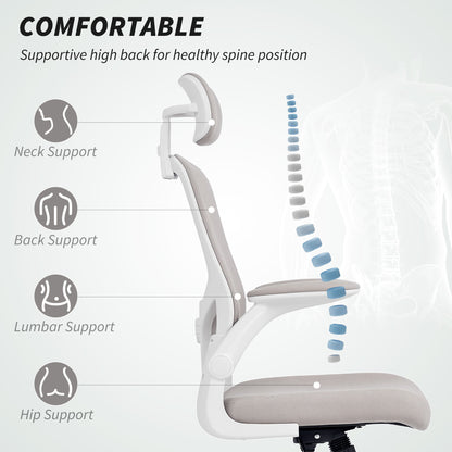 Ergonomic Office Chair, Mesh Desk Chair with Adjustable Headrest, Lumbar Support and Height, Flip-Up Armrests, Black