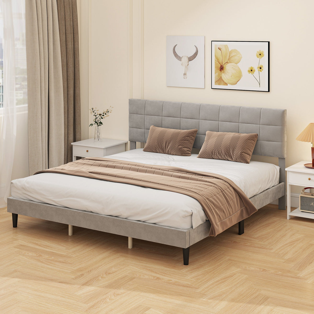 Harper King Size Platform Bed Frame with Upholstered Headboard-Grey