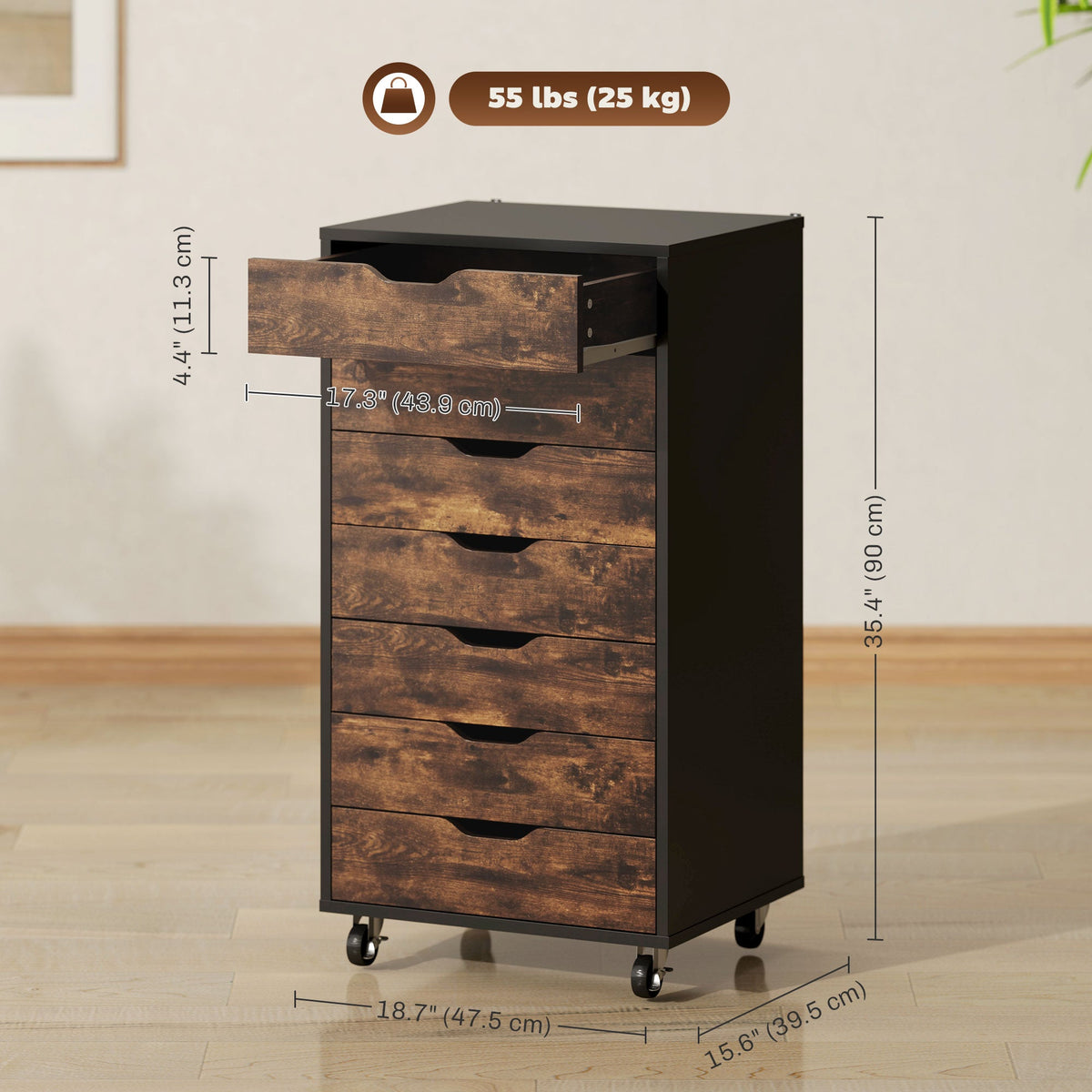 7-drawer Vertical File Cabinet for Home Office, Storage Cabinet with Wheels, 18.7"x15.6"x35.4", Black