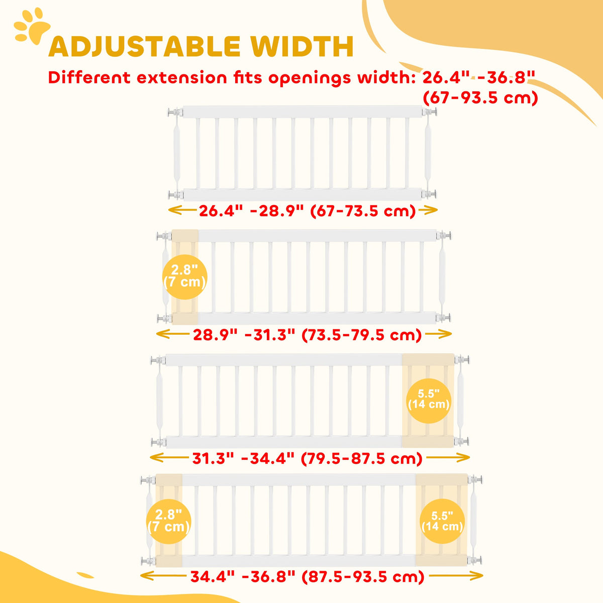 26"-37" Dog Gate, Adjustable Pet Gate, Fits 10" Tall with 2 Extension, Pressure Mount Kit for Stairs and Doorways, Black