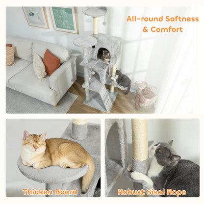 63 Inch Cat Tree with Sisal Scratching Posts, Condos, Plush Perches, Hammock, Ladder, Dangling Balls, Beige