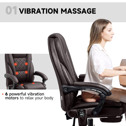 Massage Office Chair, Reclining Computer Chair with Adjustable Height and Footrest, Dark Brown
