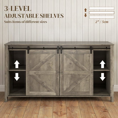 60" Buffet Cabinet, Farmhouse Sideboard with Sliding Barn Doors, Drawers and Adjustable Shelves, Cream White