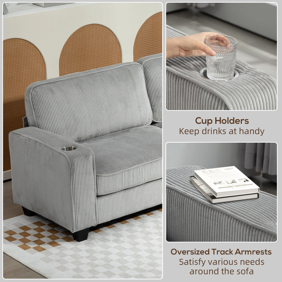 Laura Upholstered Sofa with Cup Holders-Light Grey