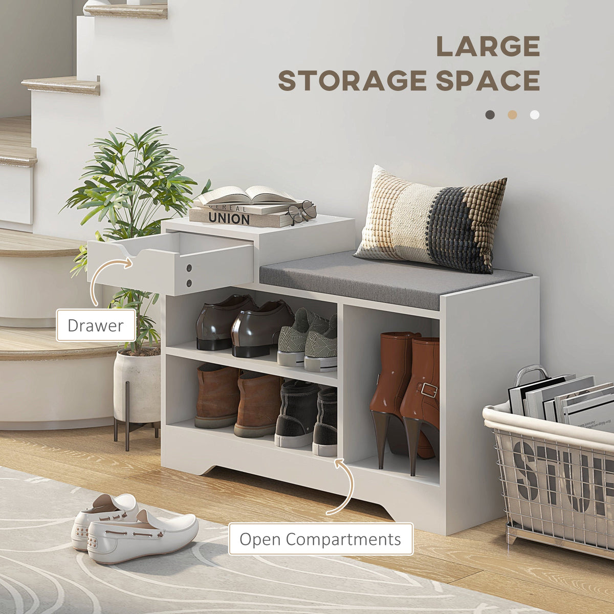 Upholstered Shoe Storage Bench, Hallway Shoe Storage with Seat, Drawer, 3 Open Shelves for Entryway, Grey