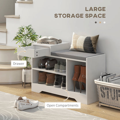 Upholstered Shoe Storage Bench, Hallway Shoe Storage with Seat, Drawer, 3 Open Shelves for Entryway, Grey