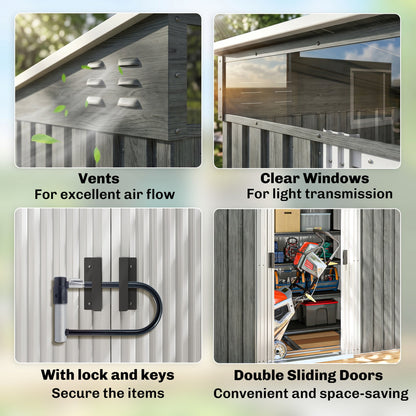 6.5x4FT Galvanised Metal Shed with Foundation Kit, Lockable Garden Tool Storage House with Sliding Doors, Vents, Grey