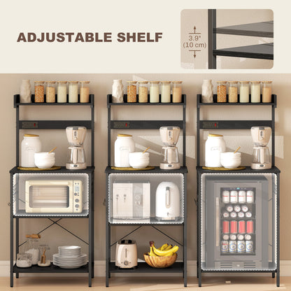 Kitchen Baker's Rack with Power Outlet, Coffee Bar Station with Adjustable Shelves and Hooks, Distressed Grey