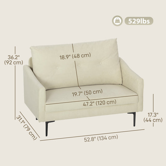 2 Seater Sofa, Small Modern Couch with High-Resilience Foam, Thicken Padding, Button Tufted, Cream White